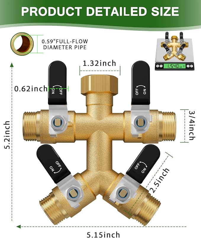 4 Way Hose Splitter, Heavy Duty Brass Garden Hose Splitter, Water Hose Bib Spigot Splitter with 0.59" Full Flow Ball Valve Outlet & Shut-Off Valve 3/4'' Connector Outdoor Water Faucet Adapter