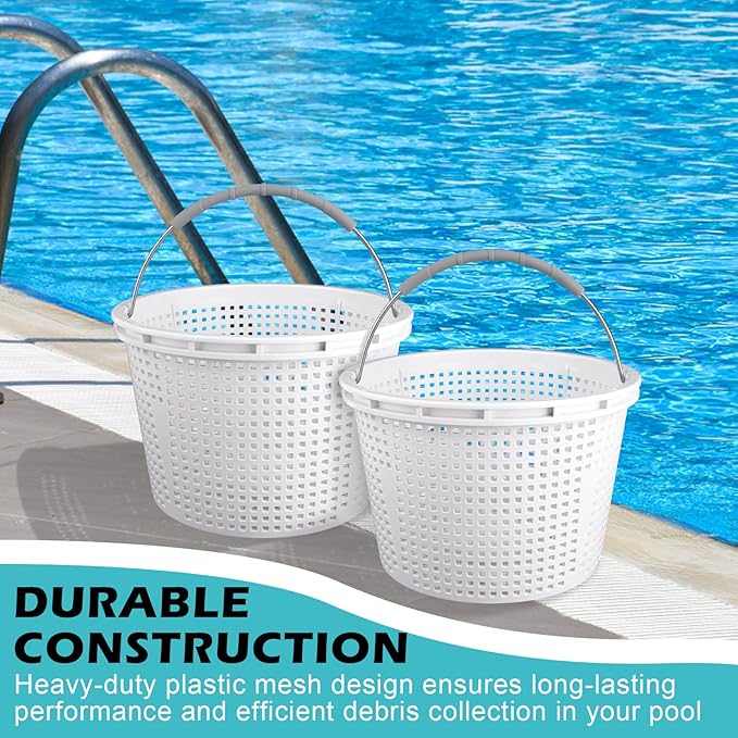 8" Pool Skimmer Basket for Inground Pool Compatible with Pentair U-3 Skimmer Basket 08650-0007 and Hayward SP1070 Pool Basket Stainless Steel Handle Rubber Grip & Built in Weighting White 2 Pack