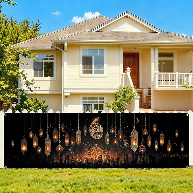 Ramadan Mubarak Fence Banner 118 x 35 Inch, Large Waterproof Outdoor Islamic Banner with Hanging Lanterns, Crescent Moon & Arabic Calligraphy for Yard Porch Fence Eid Ramadan Decorations