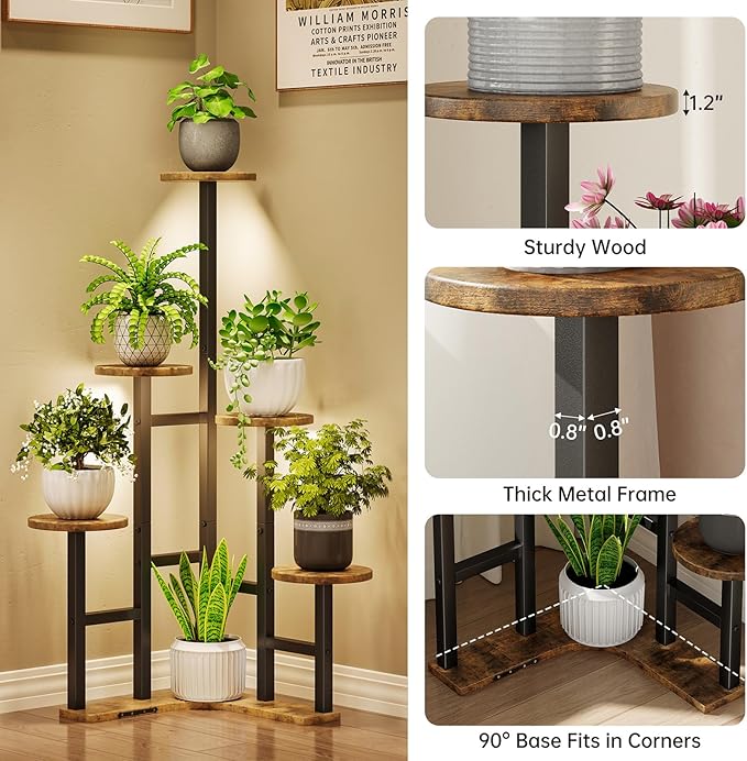 Yzosvki Corner Plant Stand Indoor with Grow Lights, 6 Tiered Corner Plant Shelf Flower Stand for Multiple Plants, Plant Shelves Organizer Rack for Living Room, Balcony, Patio, Round Rustic Brown
