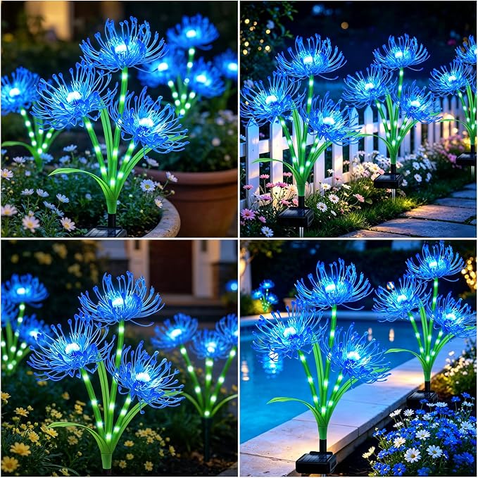 VOOKRY Solar Lights Outdoor, 4 Pack Blue Spider Lily Garden Flower Lights | 3Heads per Stem& Individual Solar Panels, Warm White LED Waterproof Yard Lawn Pathway Decor,Decorative Garden Gifts for Women