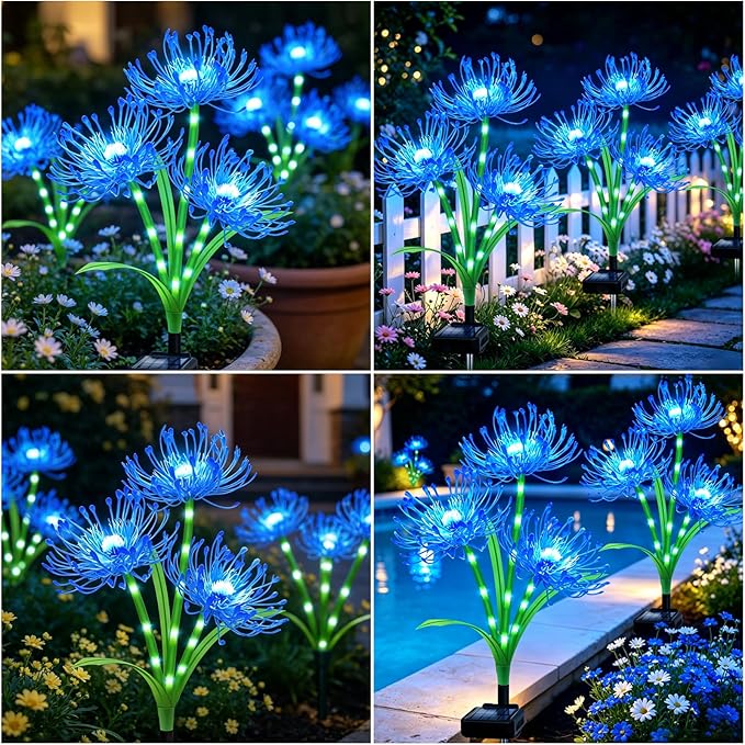 VOOKRY Solar Lights Outdoor, 8 Pack Blue Spider Lily Garden Flower Lights | 3Heads per Stem& Individual Solar Panels, Warm White LED Waterproof Yard Lawn Pathway Decor,Decorative Garden Gifts for Women