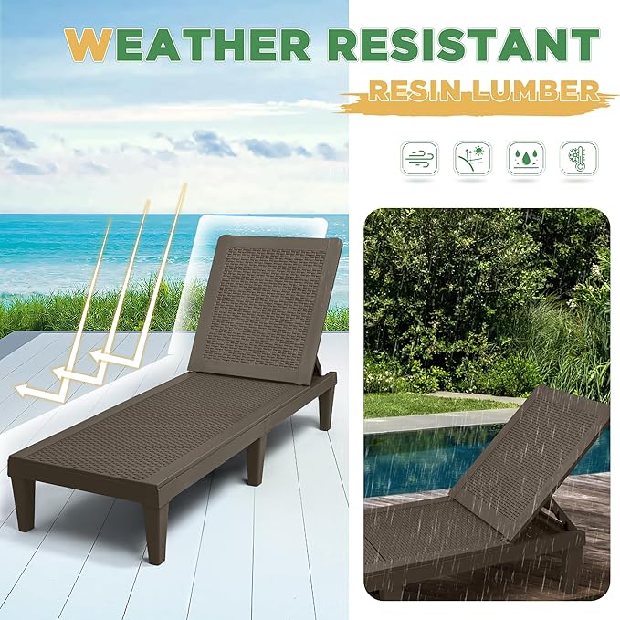 Greesum Outdoor Chaise Lounge Chairs Set of 2 with 5-Position Adjustable Backrest, Waterproof PP Sun Chaise Loungers for Garden Pool Beach Patio Deck Sunbathing, Brown
