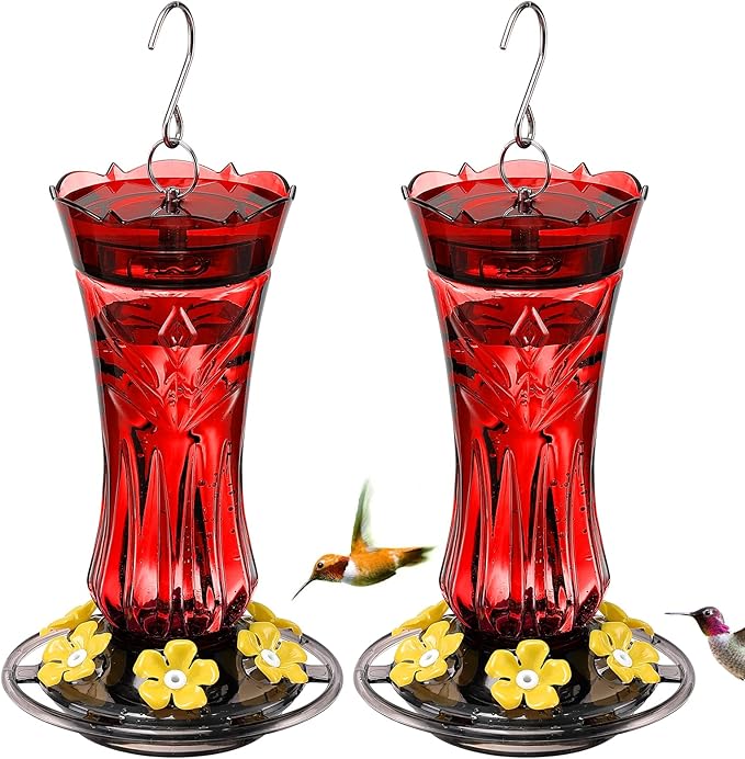 Jealoeur Hummingbird Feeder for Outdoors Hanging, 18 OZ Humming Birds Feeders with 6 Bee Guard Feeding Ports & Built-in Ant Moat, Easy to Clean, Durable Outdoor Garden Decor (Red 2 Pack)