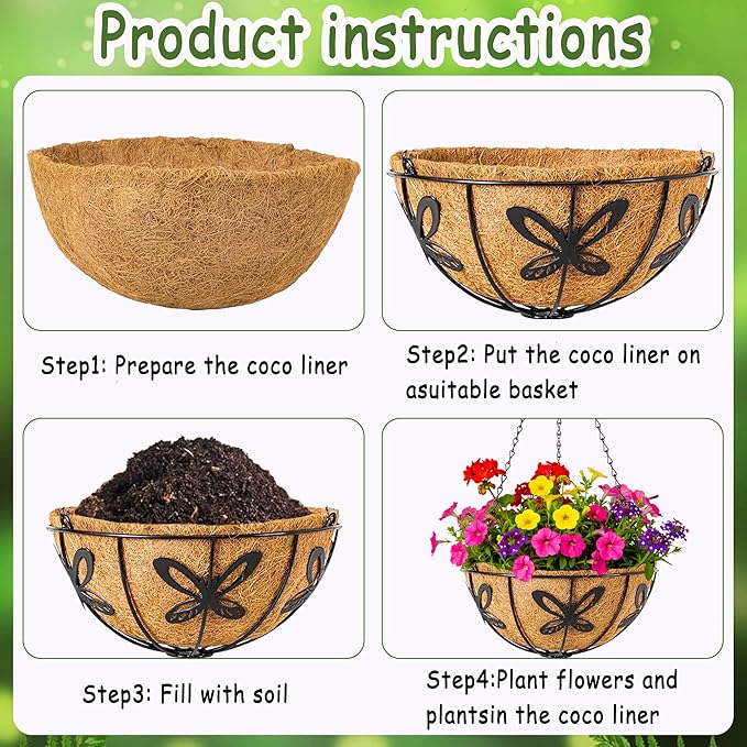 4pcs 14 inch Metal Hanging Baskets Round Wire Plant Stand with Coco Lining Cushion Decorative Planter Hanger Garden Indoor Outdoor Watering Hanging Basket （HD）