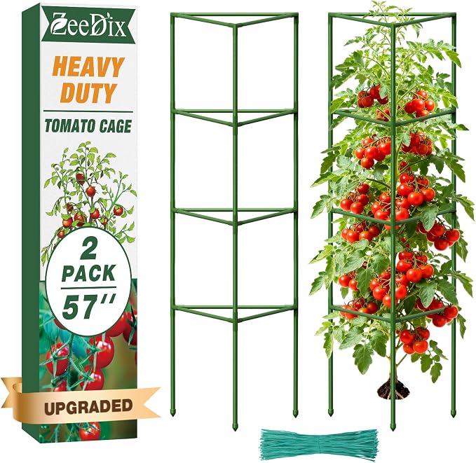 [Upgraded] ZeeDix 2 Pack Heavy Duty Tomato Cages for Garden, 57 Inch Foldable Plant Support Stakes for Heavy Climbing Plants, Adjustable Tomato Trellis for Pots Indoor & Raised Garden Bed Outdoor