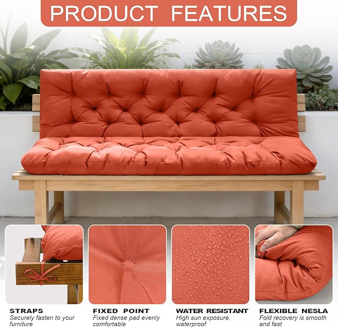 Porch Swing Cushions, Outdoor Swing Replacement Cushions 3 Seater with Backrest, Waterproof Bench Cushion with Ties,for Patio,Porch, Garden,Backyard