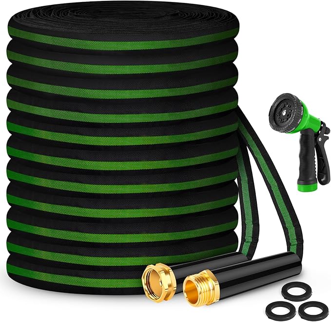 Garden Hose 100ft, Non-Expanding Water Hose, 8 Function Nozzle, Flexible Ultra-Light, Anti-Kink, Wear-Resistant, Portable, Easy Storage, Hose with 3/4 for Outdoor, Garden, Yard and Lawn, Black Green