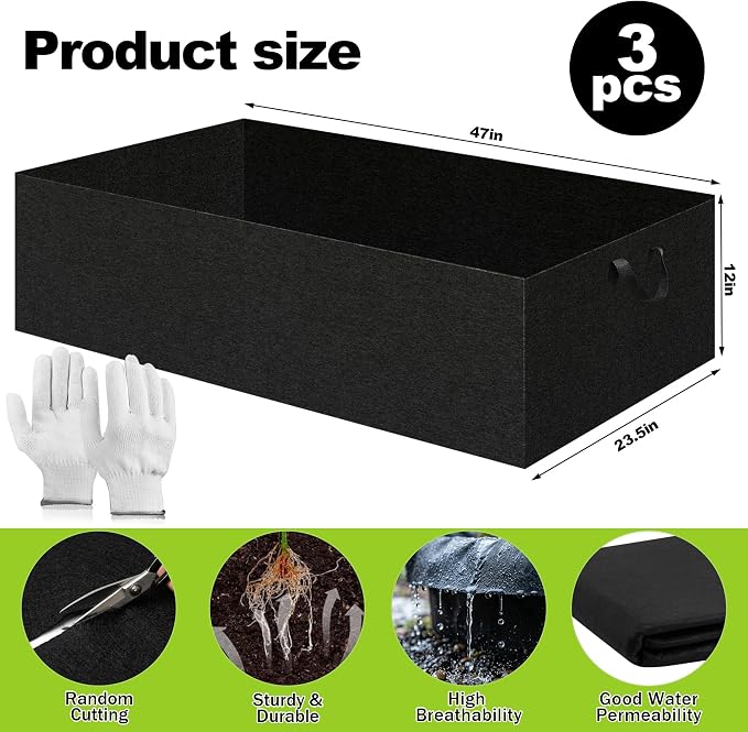 3 Sets 4 x 2 x 1 ft Thick Raised Garden Bed Liner Bags, Breathable Drainage Rectangle Grow Bag with Glove for Wooden Metal Frames, Outdoor Plants Growth Keep Soil Isolation (No Garden Bed)
