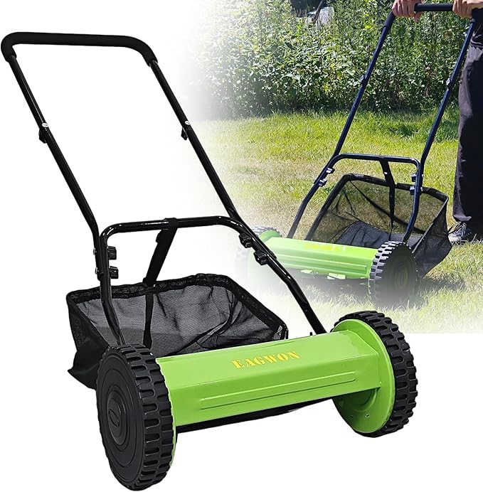 Push Lawn Mower, 16-Inch 5-Blade Walk-Behind Manual Push Reel Lawn Mower - Cordless, Adjustable Height for Effortless Yard & Garden Grass Cutting