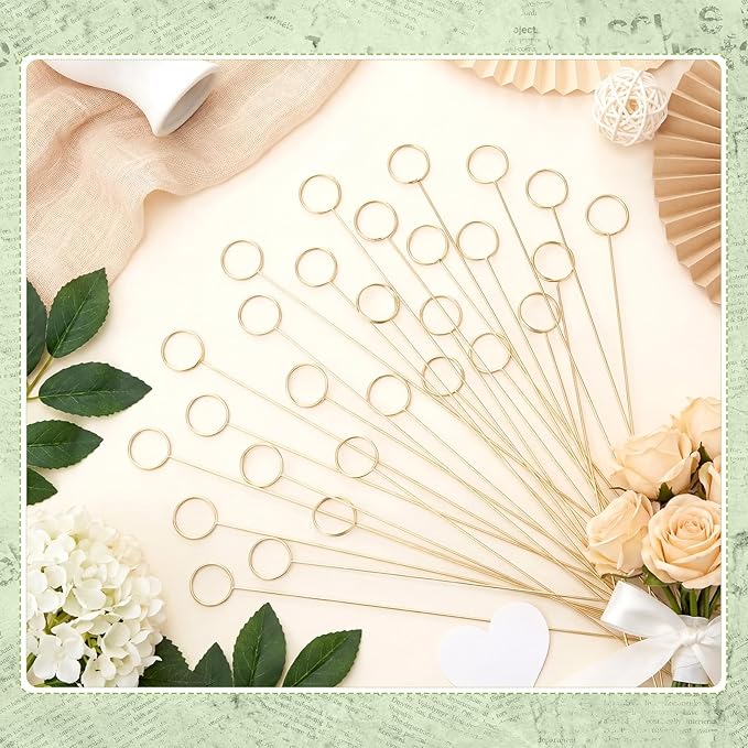 Patelai 500 Pcs 12'' Golden Ring Loop Round Shape Card Holders Floral Picks Clips for Wedding & Flower Arrangements, DIY Craft Wire Clip Table Card Holders Note Photo Picture Memo Holder Cake Topper