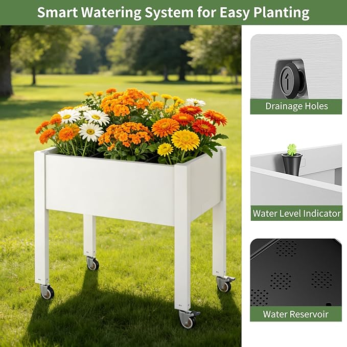 Miory Raised Garden Bed with Wheels, Mobile Raised Planter, Elevated Garden Bed with Water Level Monitor and Drainage System, Planter Box for Garden Outdoor Patio Balcony