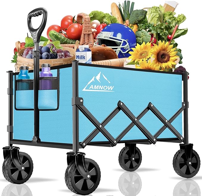 Collapsible Folding Wagon Cart, 350LBS Utility Large Capacity Cart Foldable Wagon with All Terrain Wheels, Grocery Wagons Carts for Garden Shopping Sports Camping, Light Blue