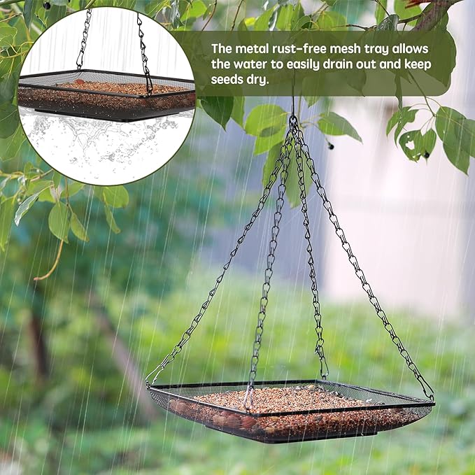 MIXXIDEA Hanging Bird Feeder Tray 11x11 Inches, Metal Mesh Platform Seed Feeder with Durable Chains for Outdoors Outside Great for Attracting Wild Birds, 1 Pack