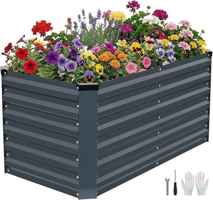 STBoo Galvanized Raised Garden Bed 6x3x2ft, Raised Beds for Gardening, Reinforced Support Bars & Safety Edges for Vegetables, Flowers, Herbs, Gray (Grey, 4x2x2FT)