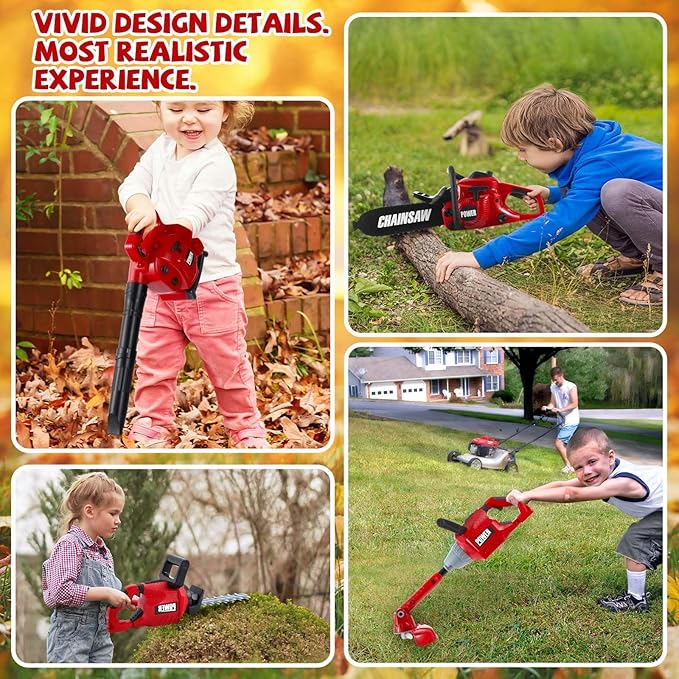 Arrowbash 4 Pcs Toy Gardening Tool Set for Kids Toy Leaf Blower Chainsaw Weed Trimmer Hedge Trimmer Battery Play Set Christmas Birthday Party Gift for Boys Girls