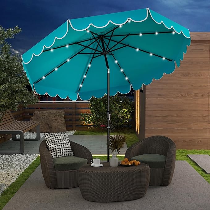 Tangkula 9 FT Solar Patio Umbrella, 2-Tiers Scalloped Outdoor Table Market Umbrella with 32 LED Lights, Vented Top, Tilt Adjustment, Crank, 8 Ribs for Backyard Poolside Deck Beach Lawn (Turquoise)