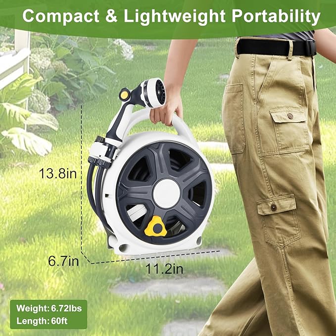 Retractable Garden Hose Reel, 1/2” x 60 ft Portable Hose Reel with 10 Patterns Spray Nozzle, Heavy Duty, Leakproof, Durable & Compact Design for Garden Watering, Car Washing, Pet