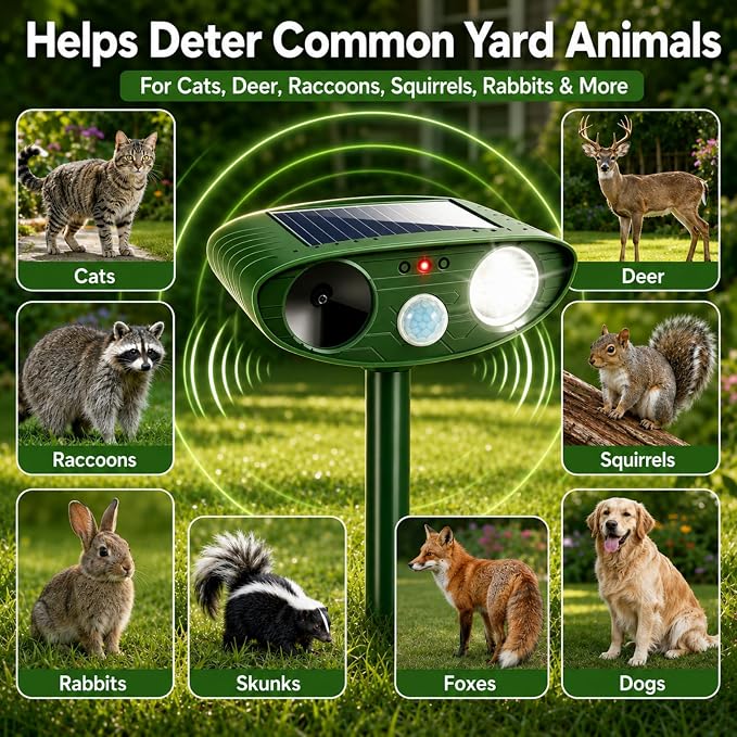 4 Pack Upgraded Sonic Deer Repellent Devices,Solar Ultrasonic Animal Repeller Outdoor for Racoons,Squirrels,Cats,Rabbits,Skunks & Foxes,Waterproof Motion Sensor Animal Deterrent for Garden Yard