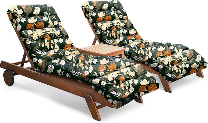 Chaise Lounge Cushions Outdoor Set of 2, 74.4 x 22 x 4.7 Inches Thickened Lounge Chair Cushions Waterproof for Outdoor Furniture with Ties, Non-Slip Patio Pool Lounge Cushions, Green Floral