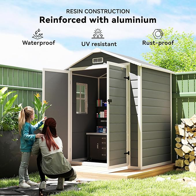 Outsunny 6' x 4.5' Outdoor Storage Shed, Waterproof Resin Plastic Shed with Floor, Window, Lockable Door and Vents, All-Weather Garden Tool Shed for Backyard, Patio, Lawn, Gray