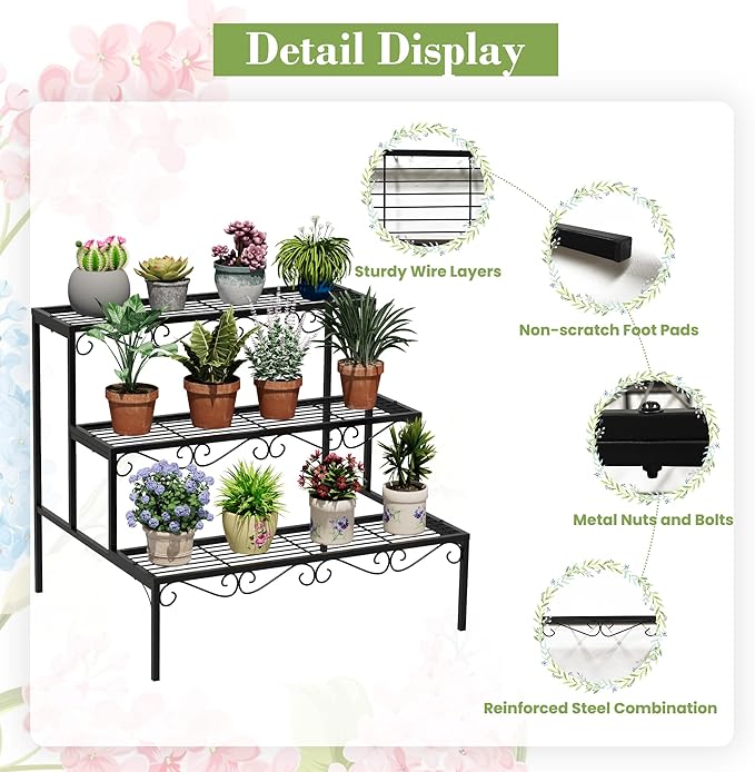 Plant Pot Stand Shelf, 3 Tier Flower Ladder Display Rack, Metal Succulent Plants Storage Holder for Outdoor and Indoor, Black