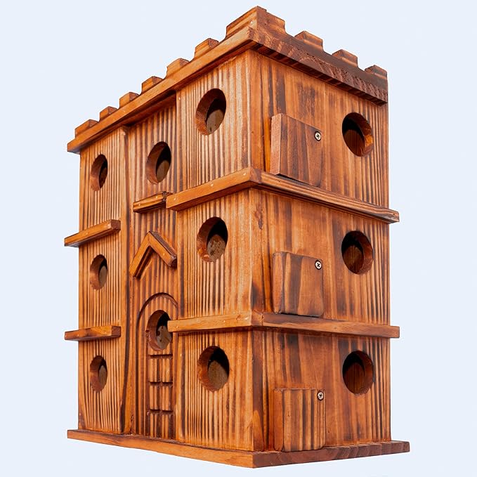 MIXUMON Wooden Bird Houses for Outside – 14 Rooms Large Bird House, Carbonized Pine Rustic Finish, 1.57" Entrance Holes, Cleaning Doors, Outdoor Birdhouse Nesting Box (Rustic, 14 Rooms)