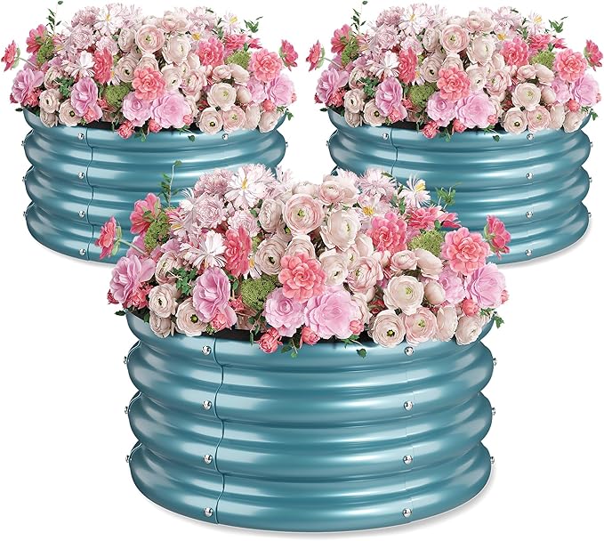 2 x 2 x 1 ft Round Raised Garden Bed, Black 3 Pack 0.6 mm Thick Galvanized Steel Planter Box with Double Layer Paint and Safety Edge Trim for Vegetables Flowers Herbs Outdoor Garden