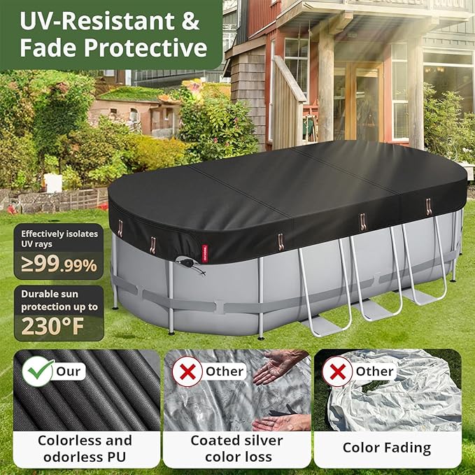QH.HOME 9x18ft Oval Pool Cover,[Ultimate Windproof & Tear-Resistant Fabric],Snug Fit with Patented Ratchet & Weight Rings,Solar Pool Cover for Above Ground Pools, Blocks Leaves &Waterproof
