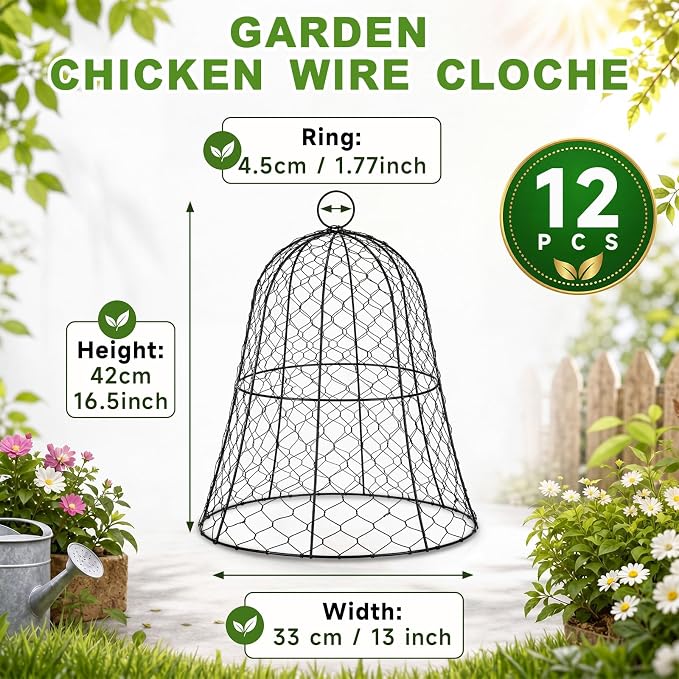 Sadnyy 12 Pack Garden Chicken Wire Cloche, 13" W x 15.7" H Plant Protectors and Covers Wire Garden Cloches from Animals Metal Cage Plant Protection Strong and Not Easy to Deform No Assembly Required