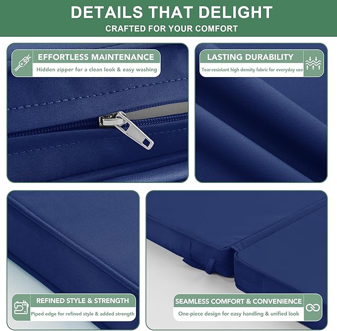 Summsun High Back Patio Chair Cushions Set of 2, Outdoor Dining Seat Cushion with Splash-Proof Removable Covers, Ties, Non-Slip Bottom for Garden Lawn Patio Furniture, 44 x 20 Inch, Navy