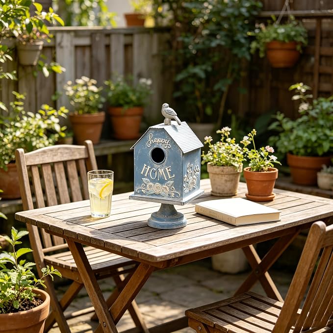Rustic Blue Metal Bird House, Decorative Bird House with Happy Home Accents & Bird Topper, Standing Design Bird Home - Ideal Outdoor Garden Decor