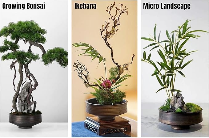 Japanese Ikebana Vase Kit, Flower Shallow Container 7.5inch Ceramics Flower Bowl Ikebana Vase with 2.4inch Floral Frog and 2-in-1 Kenzan Corrector (Retro Style)