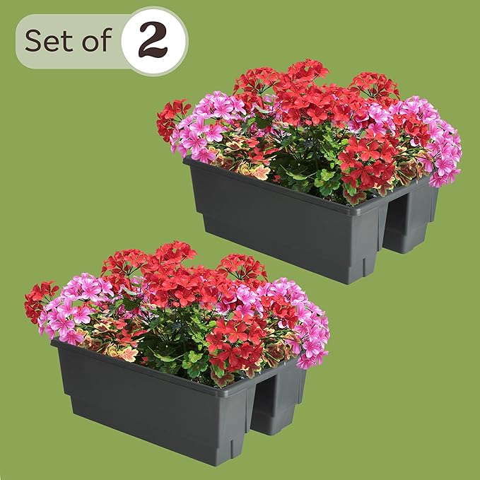 Railing Planter Box 2-Pack - 20.75-Inch Flower Boxes with Removable Drainage Inserts - 6-Gallon Outdoor Planters for Porch, Deck, or Balcony Decor, Fits Rail 3” - 4” by Pure Garden (Gray)