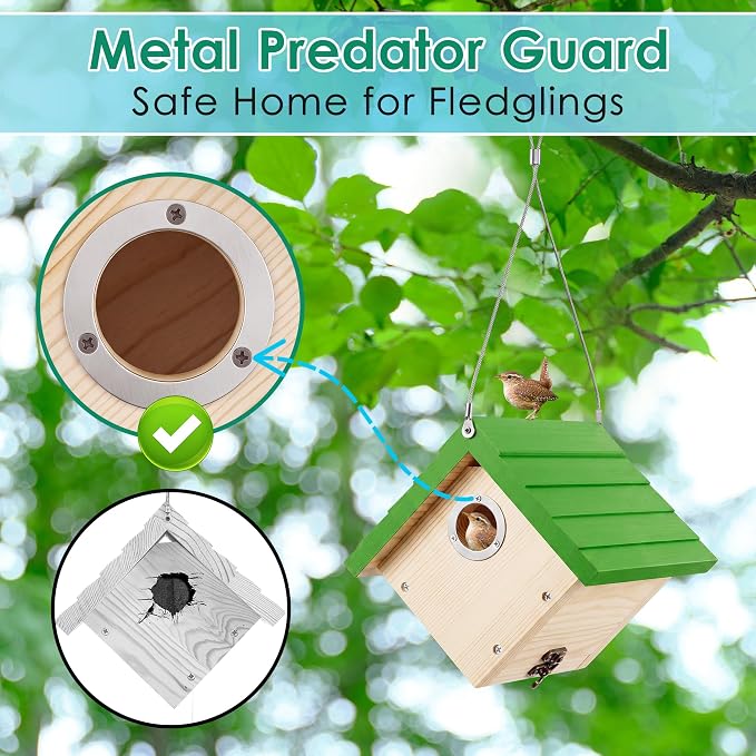Dreyoo 2 Pack Wren House, 1-1/8'' Entrance Hole Hanging Wooden Wren Bird Houses for Outside with Metal Guard, Air Vents, Pine Wood for Chickadees (Green,Wood Color)