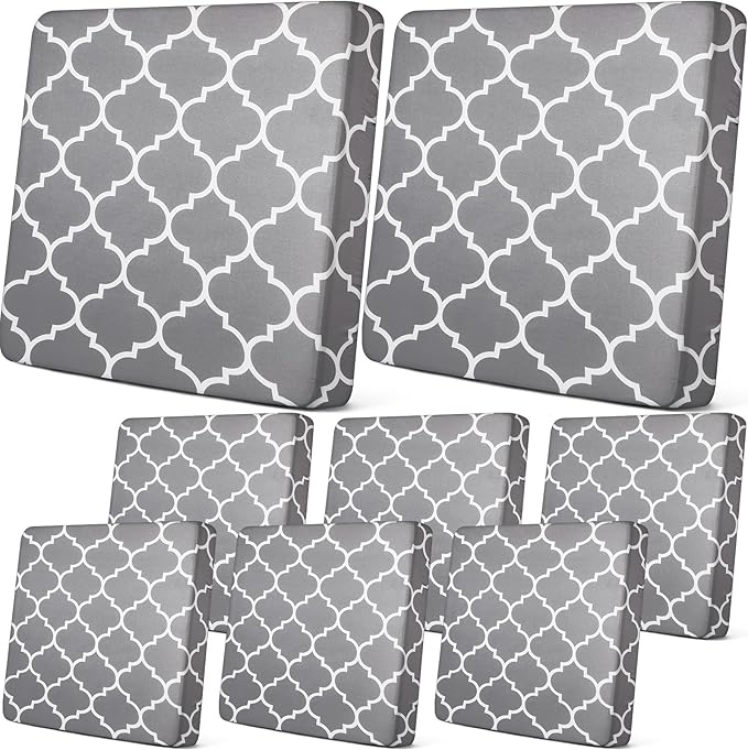 Newwiee 8Pcs Patio Cushion Covers Stretch Outdoor Cushion Cover Replacement for Patio Furniture Sofa Couch Slipcovers, Soft Flexibility Washable Furniture Protector(Vintage Line,Gray)
