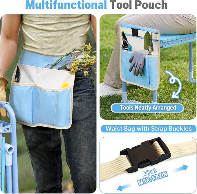 Garden Kneeler and Seat Heavy Duty, Foldable Gardening Stool Bench with Widened Thick Soft Kneeling Pad and Tool Pouches - 2-in-1 Portable Kneeling Device for Seniors (Blue)