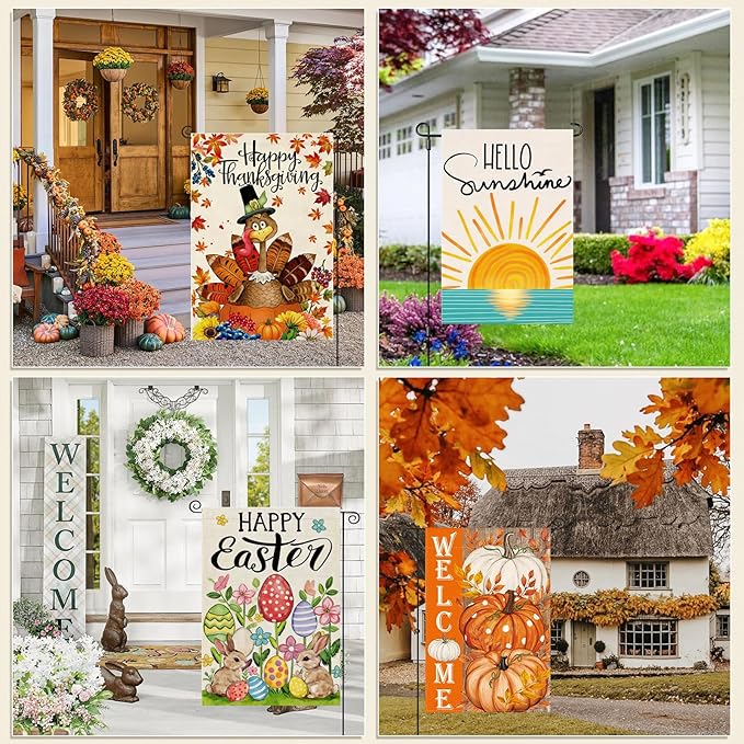 Linen Seasonal Garden Flags Set of 12, Double Sided 12 x 18 Inch Garden Flags, Small Yard Flags for Outside, Summer Fall Halloween Christmas Holiday Garden Flag Outdoor Decor for All Seasons