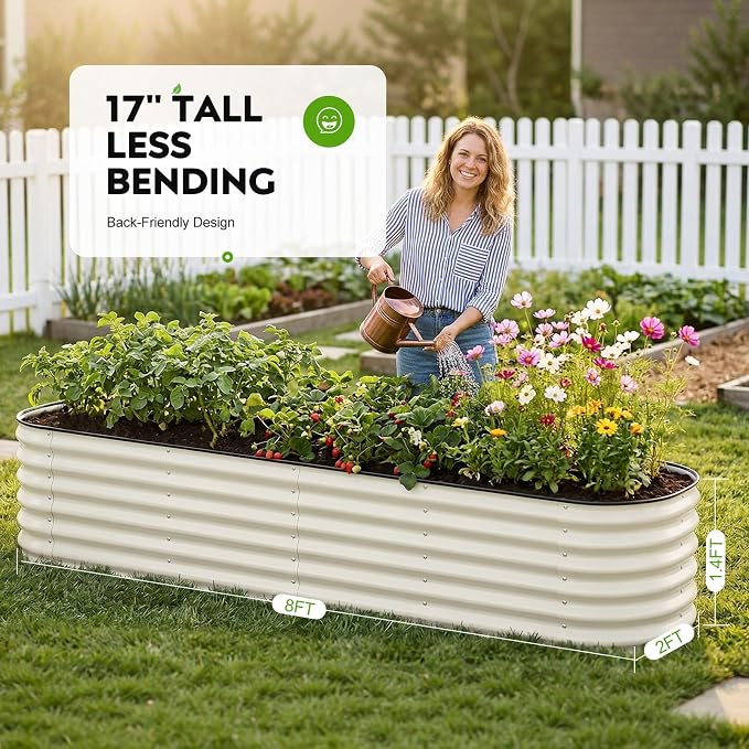2 Pack Galvanized Raised Garden Bed 8x2 ft, 17" Tall Oval Metal Planter for Outdoors, 9 in 1 Modular Large Garden Bed Kits for Outdoor Vegetable Flowers - White