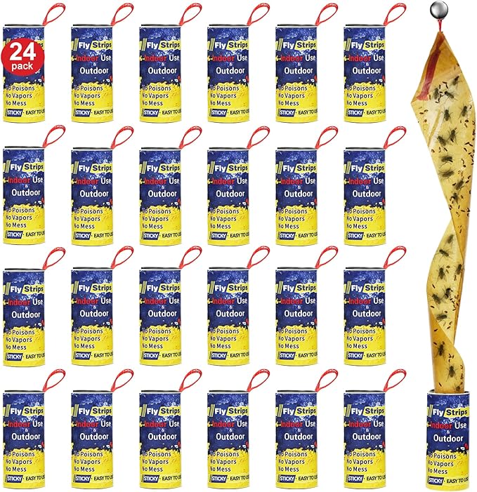 24 Pack Fly Traps Strips Indoor Outdoor, Flies Paper Sticky Hanging with Pins, Fruit Fly Tape Ribbon Roll for Home, Bug & Gnat Catchers for Inside, House Fly Killer for Winged Insect, Mosquito