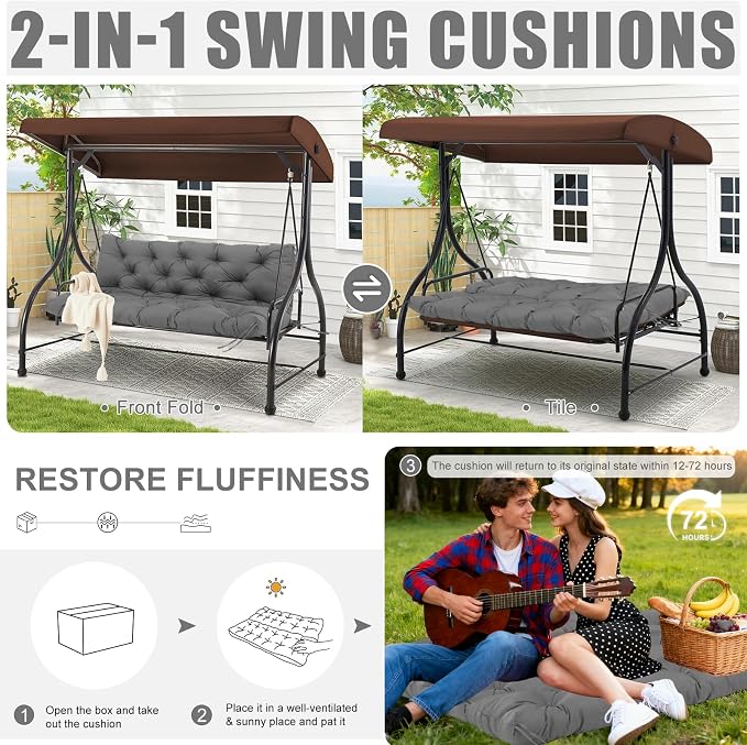 Porch Swing Cushions Outdoor 40 inch x 40 Waterproof Swing Cushions 3 Seater Replacement with Backrest & 8 Ties 5" Thick Bench Swing Cushions for Outdoor Furniture Patio(Dark Gray)