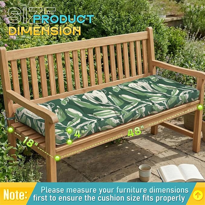 Outdoor Bench Cushion, Tufted Patio Seat Pad for Garden Bench, Porch Swing, Indoor/Outoor Furniture (Green Tulip, 48X18X4 inch)