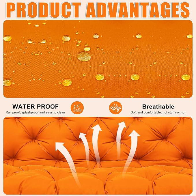 Porch Swing Cushions 2 Seater Replacement Thicken 5" Waterproof & Fade Resistant Swing Cushions for Outdoor Furniture Bench Patio Swing Cushion with Backrest & Ties(Orange 48x40x5inch)