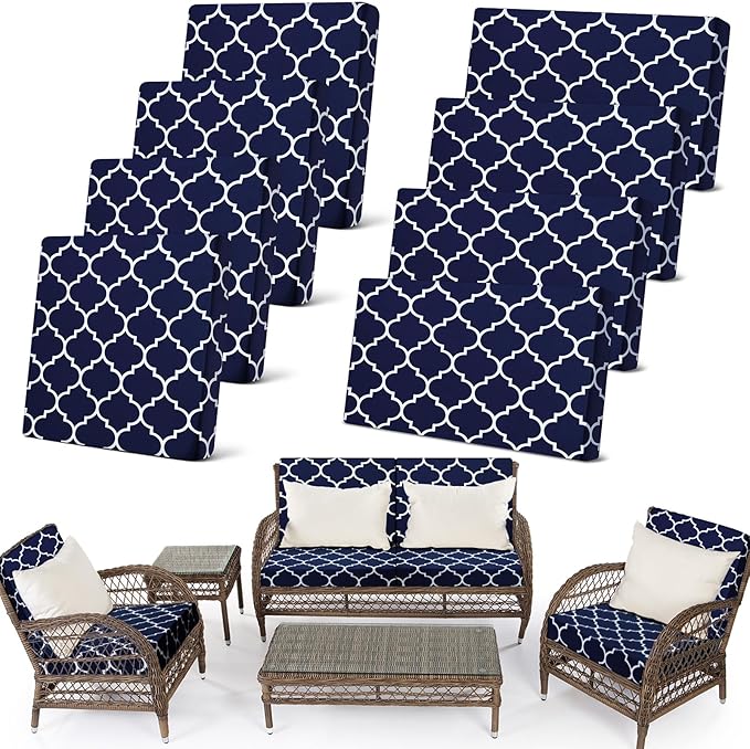 Newwiee 8 Pcs Stretch Patio Outdoor Cushion Covers Waterproof Replacement Sofa Couch Covers for 4 Backrests and 4 Cushions Washable Lawn Garden Seat Furniture Protector(Navy Blue)