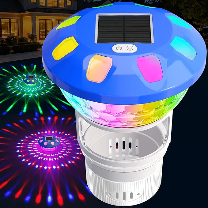 AquClor Chlorine Floater with Light,Pool Chlorine Floater with Adjustable Flow,Solar Chlorine Floater w/Large Capacity,Collapsible Floating Chlorine Dispenser for Pool,Hot Tub Chlorine Floater,White