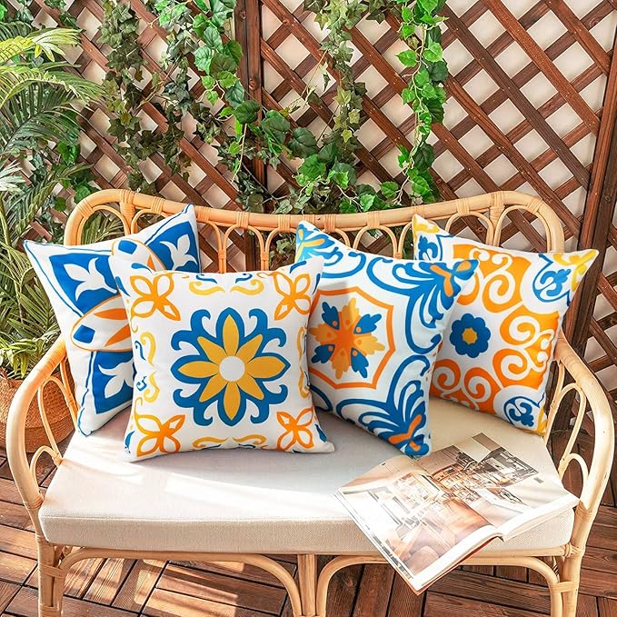 Pyonic Outdoor Pillow Covers 16x16 Spring Summer Garden Waterproof Throw Pillow Covers Cushion Case Patio Pillows for Couch Tent,Set of 4 Yellow and Blue