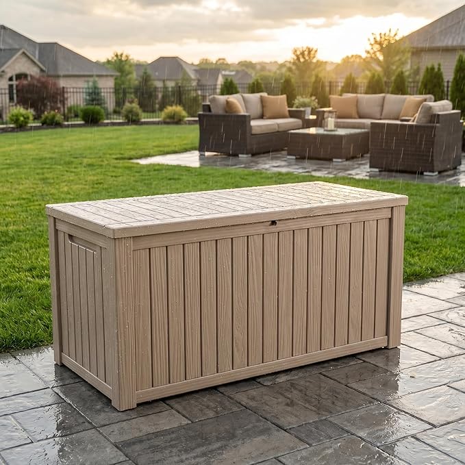 180 Gallon Outdoor Storage Box, Waterproof Resin Deck Box for Patio Cushions & Gardening Tools, Lockable & Durable Outdoor Storage Bin, Stylish Grey Design