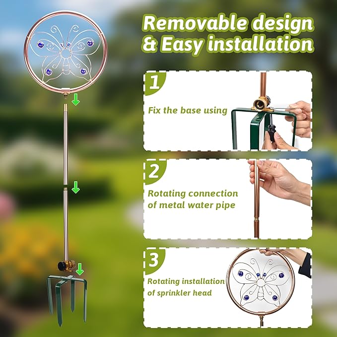 34" Tall Copper-Coated Stainless Steel Garden Sprinkler, 360° Rotating Decorative Ornamental Sprinkler for Lawn, Yard & Landscape Watering (Butterfly)
