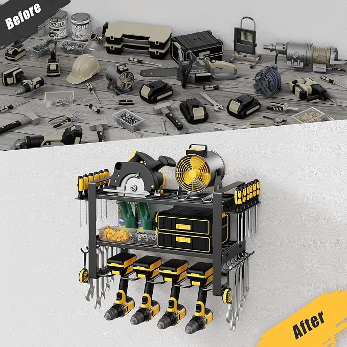 Jusgym Power Tool Organizer Wall Mount |150lbs Garage Tool Storage Rack with 4 Cordless Drill Holder |3-Tier Heavy Duty Garage Organization |Gifts for Men