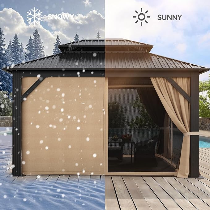 YITAHOME 12x14ft Gazebo Double Roof Hardtop Canopy Outdoor Heavy Duty w/Nettings and Curtains, Upgraded Aluminum Column Galvanized Steel Vertical Stripes Roof for Patio, Backyard, Deck, Lawns, Brown